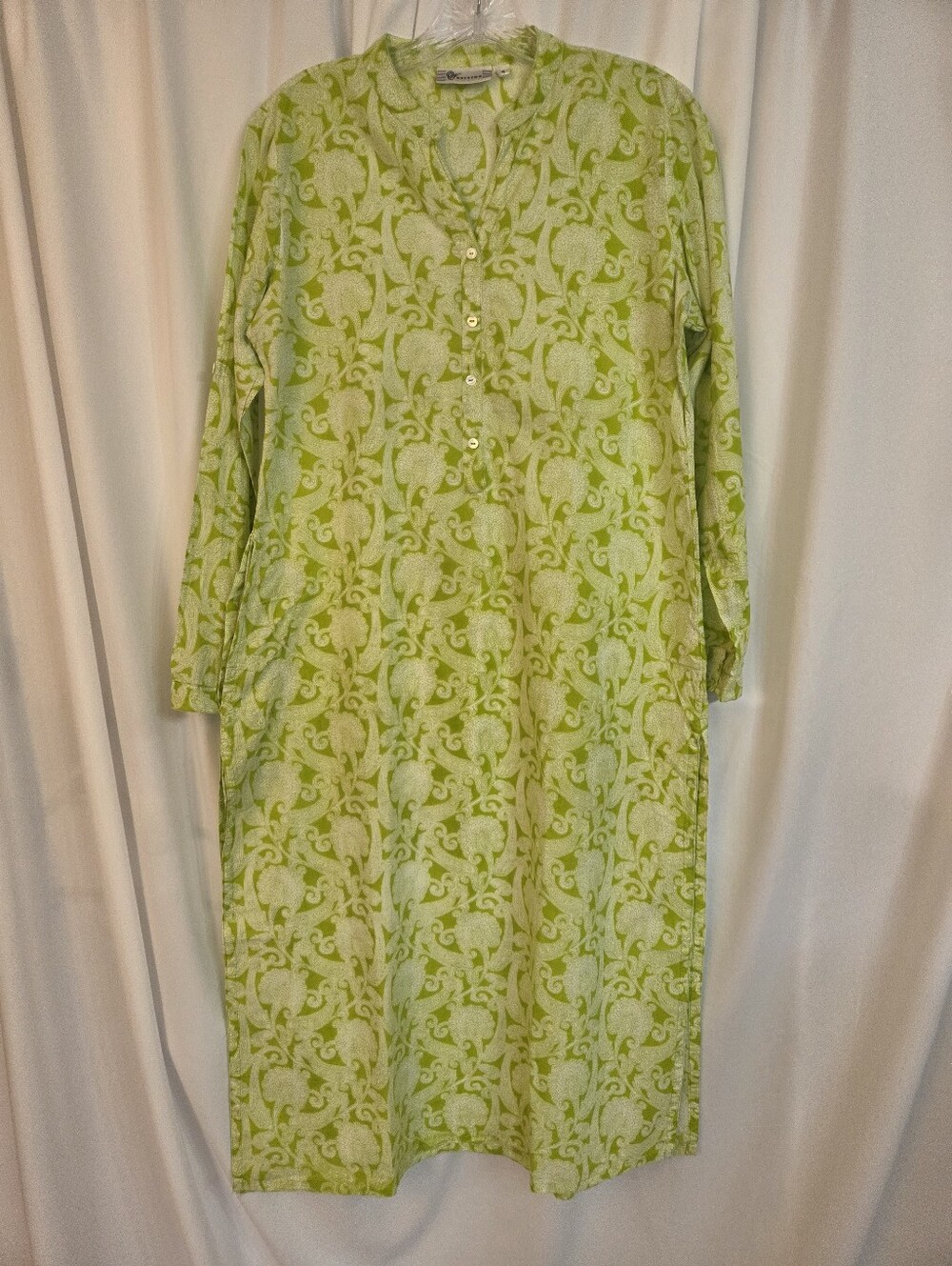 Westside Long Sleeve Lime Green Patterned Cotton Dress Slits On Sides Size S
